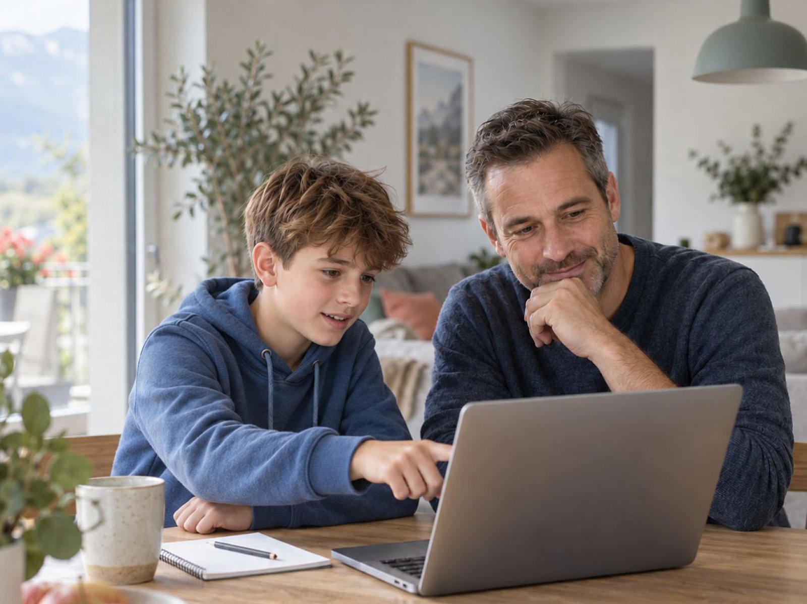 Vater und jugendlicher Sohn erkunden gemeinsam am Laptop passende berufliche Möglichkeiten.